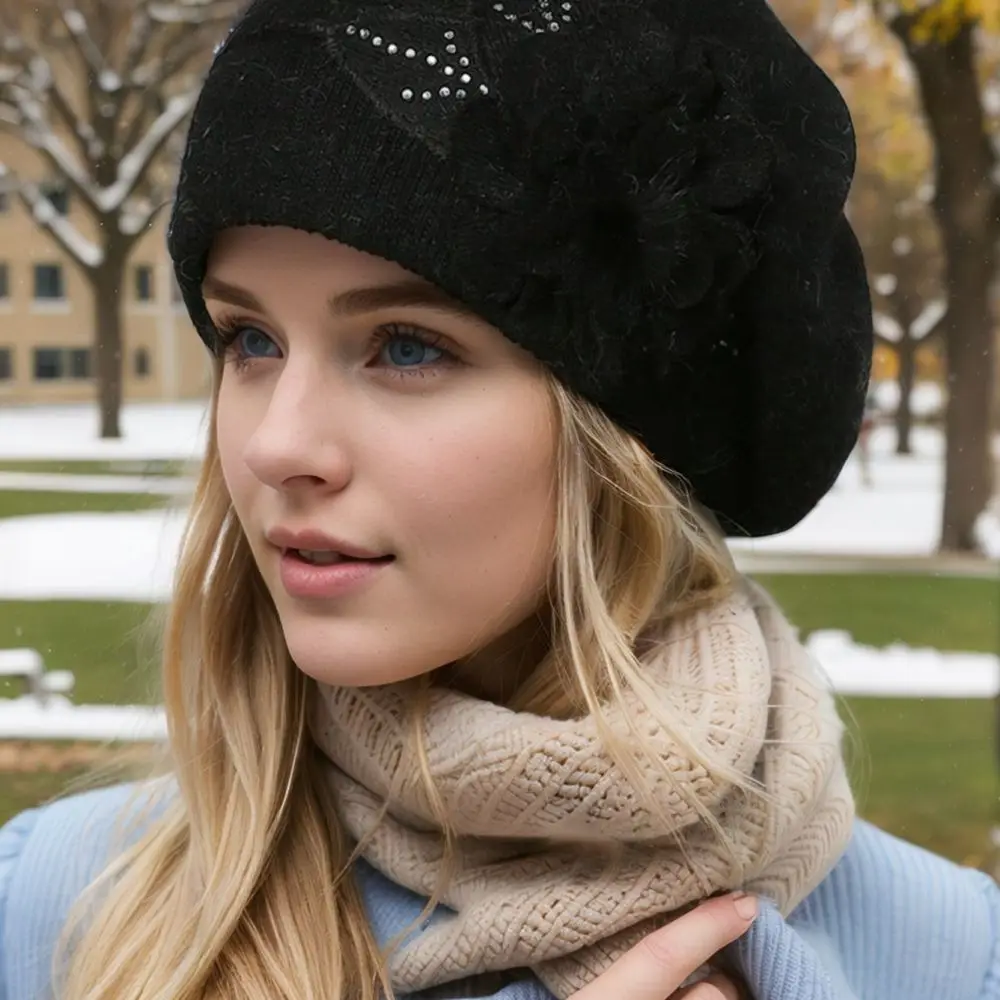 Elegant Women Winter Knitted Beanie Fleece Lined Floral Decor Warm Soft Cap Stylish Windproof Bonnet For Daily Wear