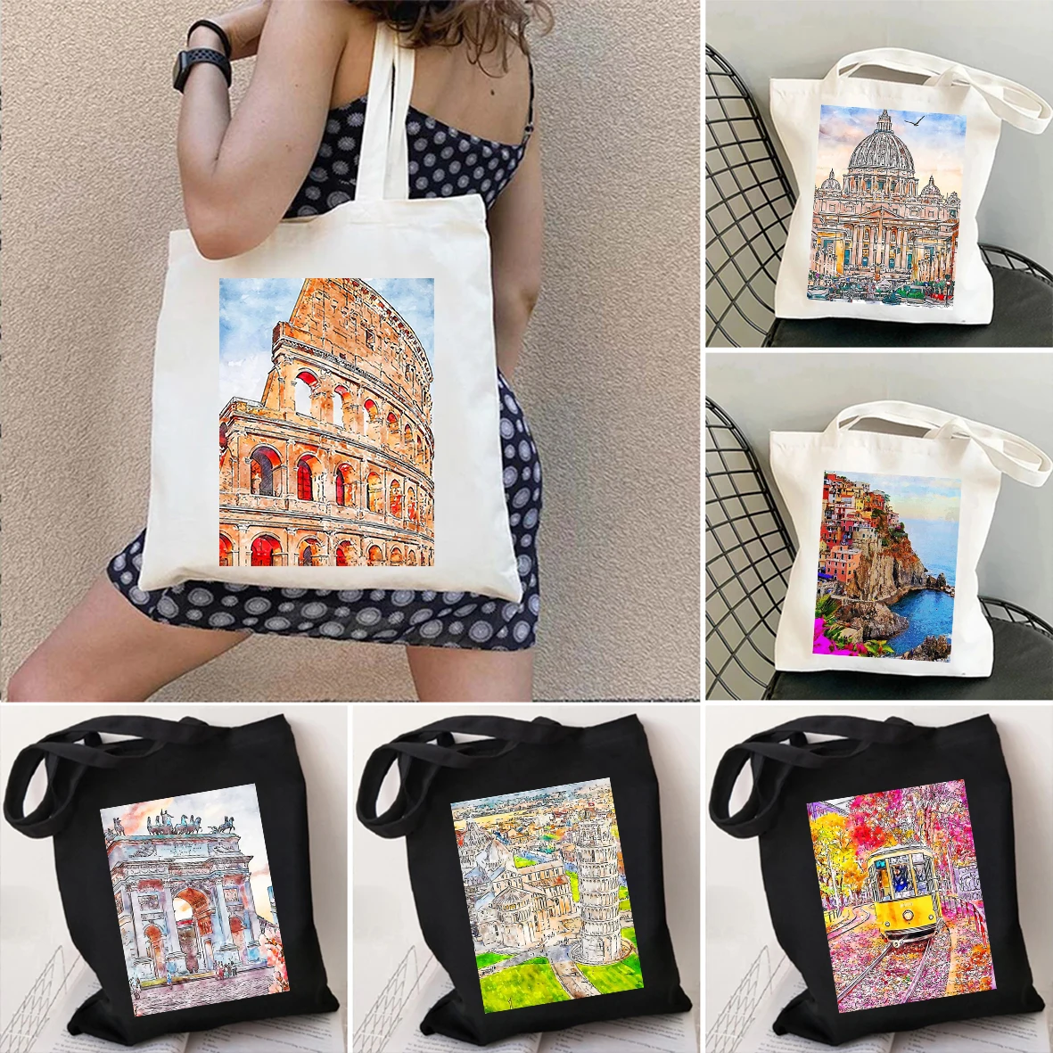 

The Colosseum Duomo Rome Italy Burano Milan Cinque Terre Watercolor Painting Shopper Shoulder Canvas Tote Bag Shopping Handbags