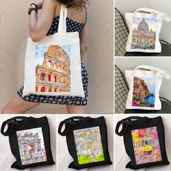 The Colosseum Duomo Rome Italy Burano Milan Cinque Terre Watercolor Painting Shopper Shoulder Canvas Tote Bag Shopping Handbags