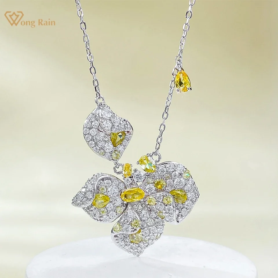 

100% 925 Sterling Silver Flower Citrine High Carbon Diamond Gemstone Women Necklace Pendant Jewelry Anniversary Gifts