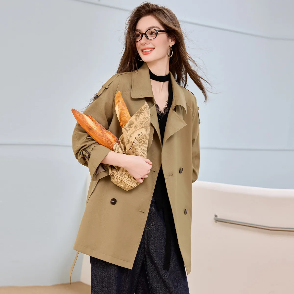 LOUISYAO Office Lady Trench Coat Women 2025 Autumn Retro Double Breasted Waist Belt Non Elastic Windbreaker Outerwear New In