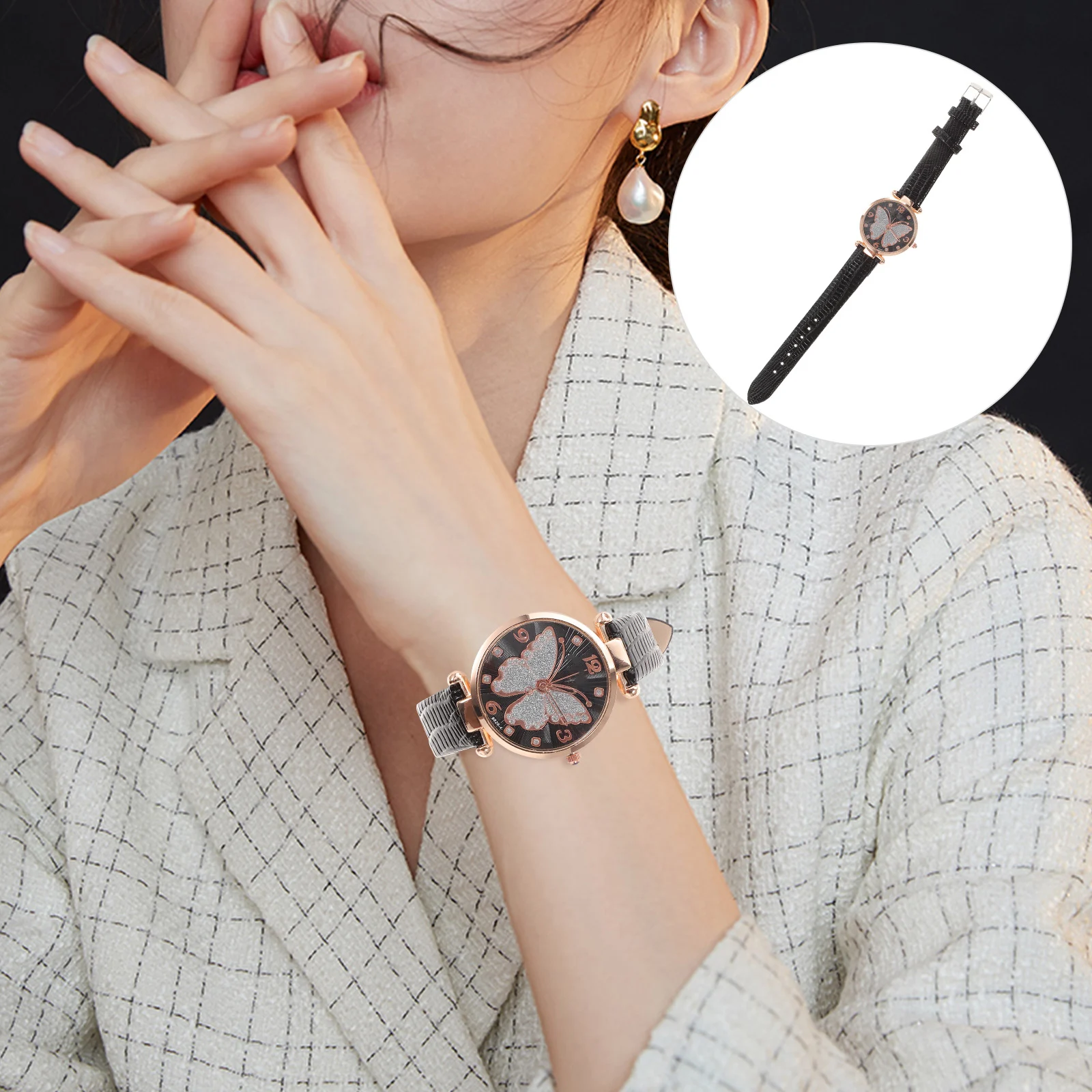 

for Women Glitter Butterfly Watch Fashionable Black Alloy Watches Waterproof Women's