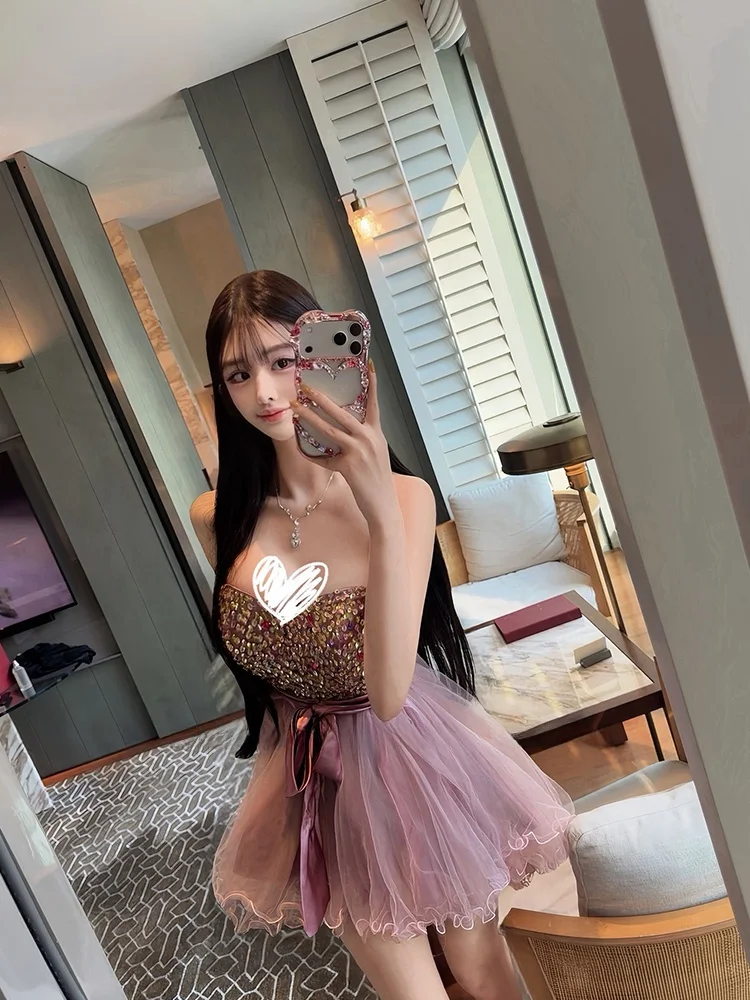 

Sexy Strapless Short Dress Women Summer Elegant Birthday Gown Waist Cinched Sequin Patchwork High Waist Commute Style Dress