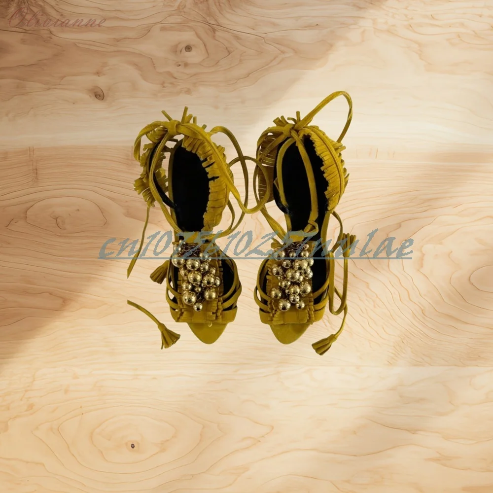 

Yellow Tassels Metal Pearl Decor Sandals Strappy Retro Style Stiletto High Heel Sexy Women Shoes 2025 Summer Zapatos Para Mujere
