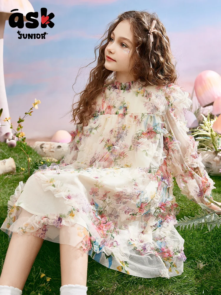 Tween Girls Flower Stereo Fungus Edge Gauze Casual Princess Dress