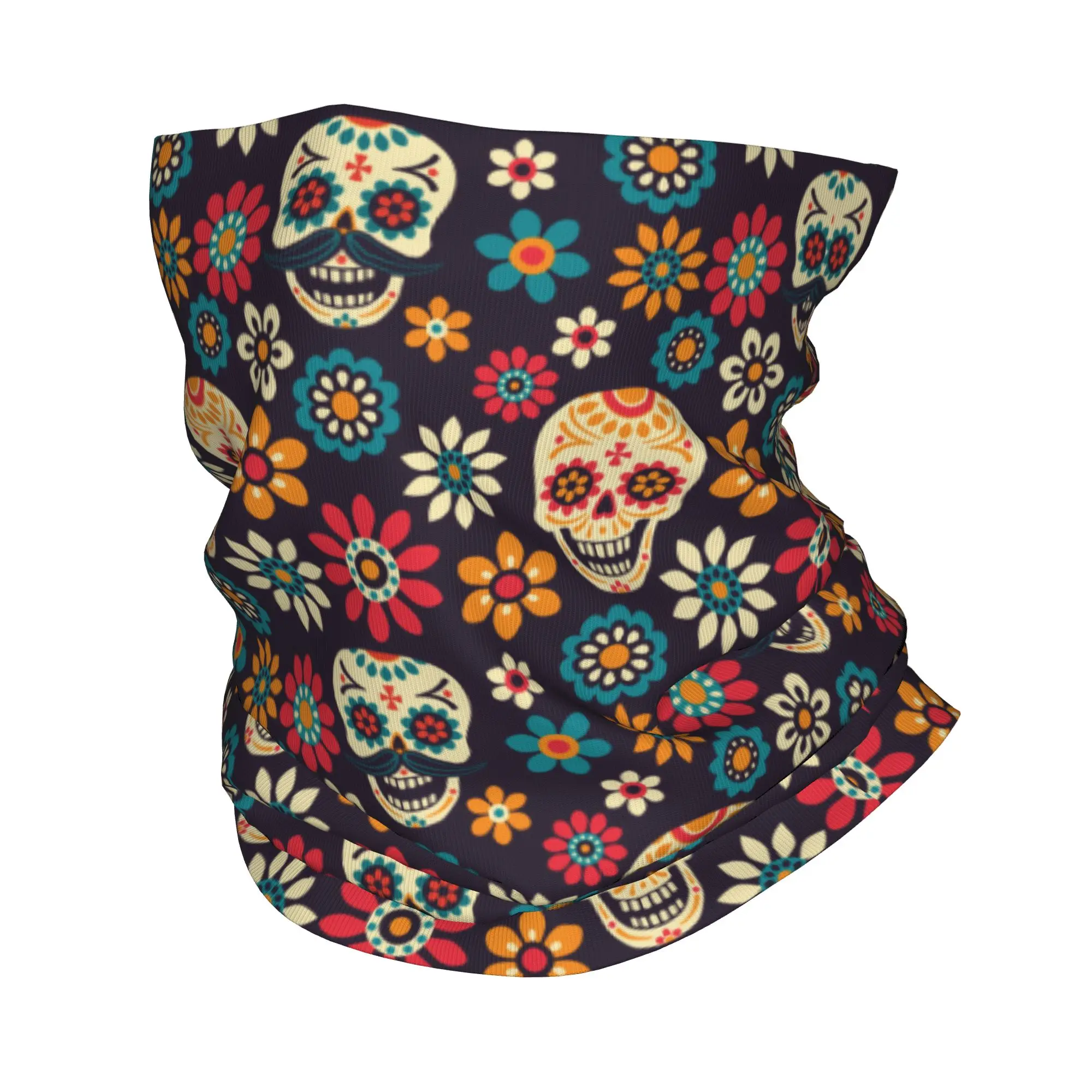 Mexican Flowers Day Of The Dead Sugar Skull Neck Gaiter Men Women Windproof Winter  Bandana Scarf for Cycling
