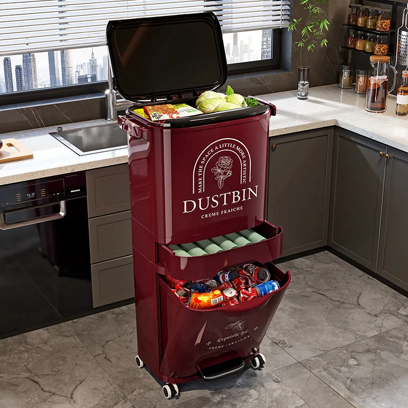Strictly selected kitchen trash can multi-layer integrated no-bending dry and wet separation household large removable