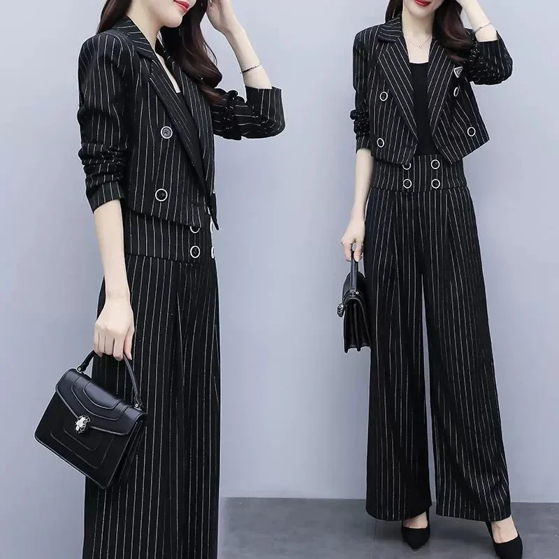 Small Blazers Suit Women's Spring New Casual Professional Short Blazer Jacket and Wide Leg Pants Two Piece Set Office Ladies Set