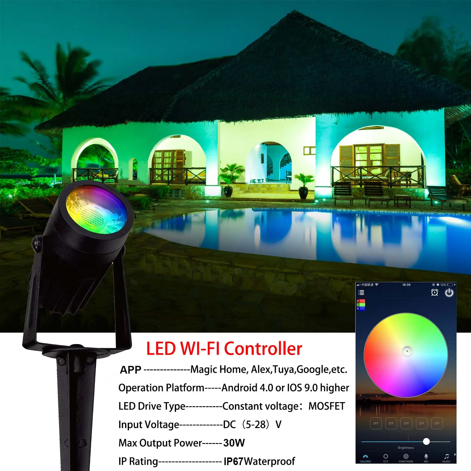 Luci paesaggistiche per esterni a LED WiFi/Buletooth, illuminazione per decorazioni da giardino COB-Tech impermeabile IP67, lampada Spot per