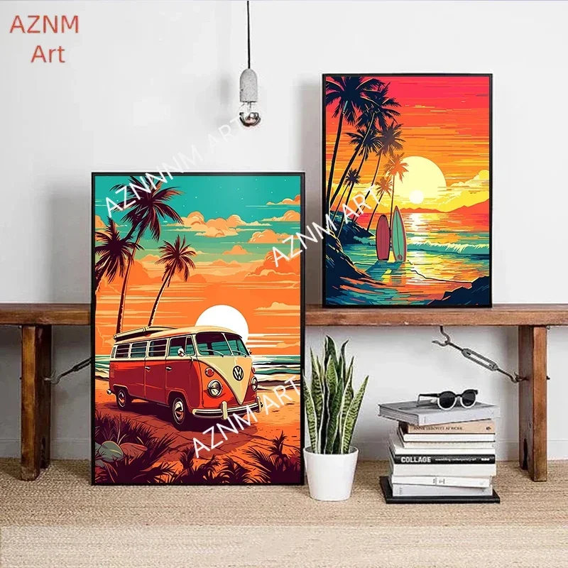Retro Vintage Nature Bus on The Beach Posters Prints Travel Surf Board Sea Sunset Surfboard Canvas Painting Wall Art Home Decor