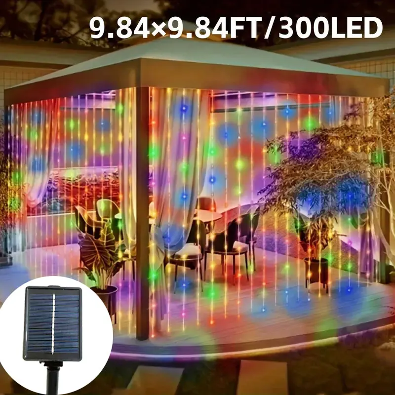 

Christmas LED Solar Courtyard Curtain Lights Outdoor Waterproof Fairy String Lights with 8 Modes Garden Window Bedroom Wedding