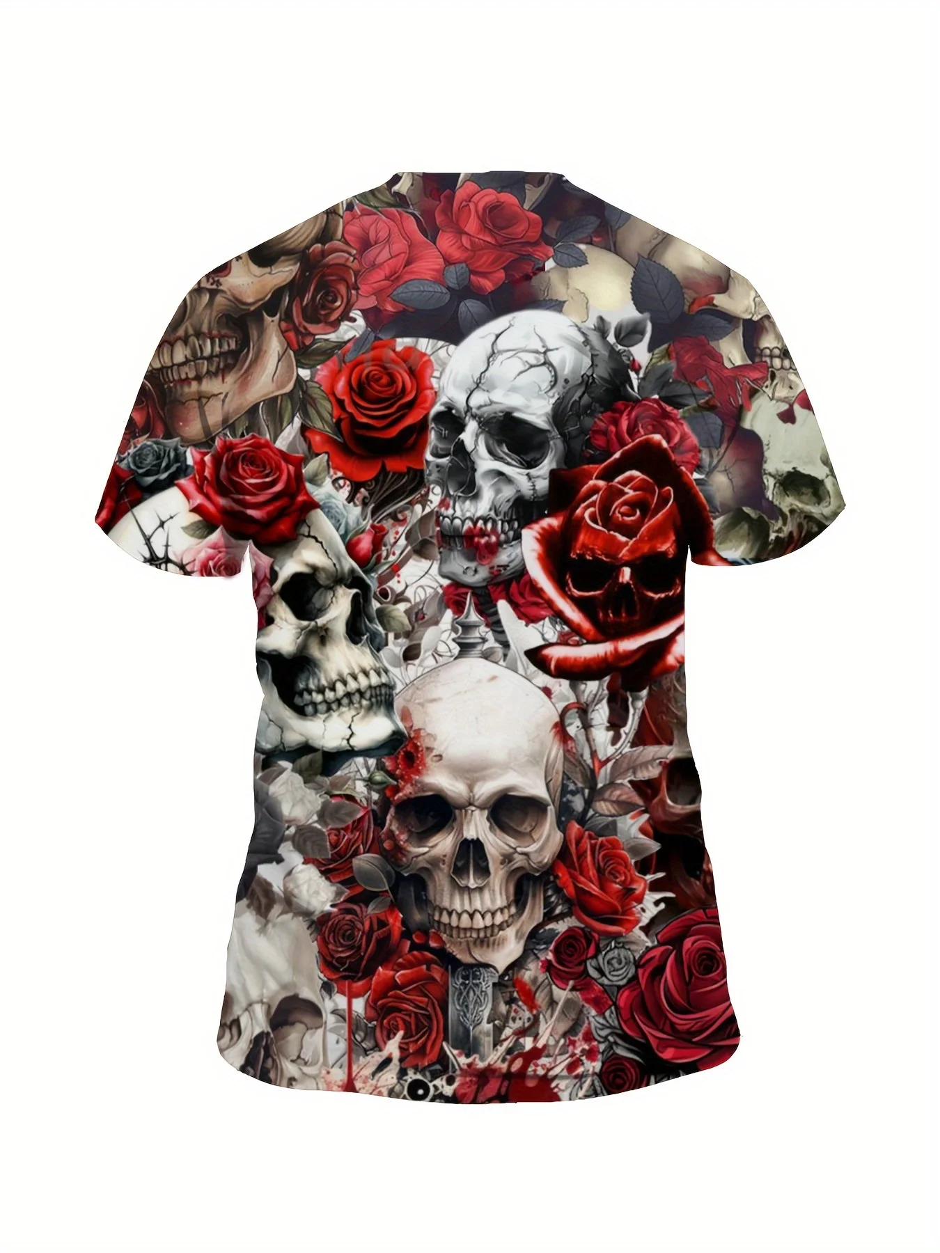 Herren-T-Shirt im Streetwear-Stil mit 3D-Druck – Roter Rosen- und Totenkopf-All-Over-Print – Halloween-Geschenk – Herren-Oberteil – Detail 3