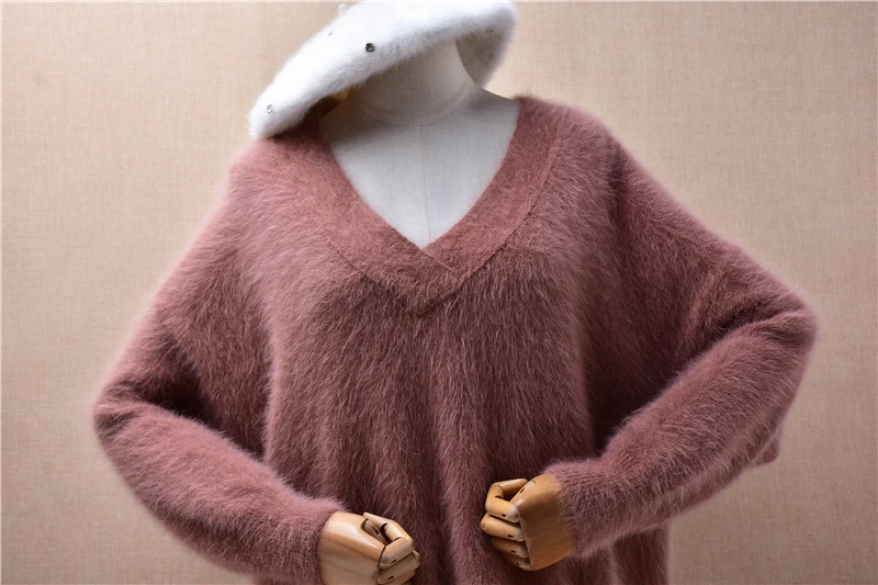 Ladies Women Fall Winter Clothing Hairy Plush Mink Cashmere Knitted V-Neck Long Sleeves Loose Pullover Sweater Jumper Pull Tops