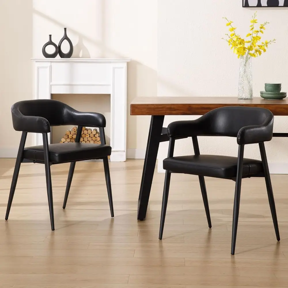 

Набор из 2 черных кожаных обеденных стульев с черными металлическими ножками, кухонные стулья Century в стиле середины века с изогнутой спинкой, акцентные стулья с низкой спинкой и подлокотниками.