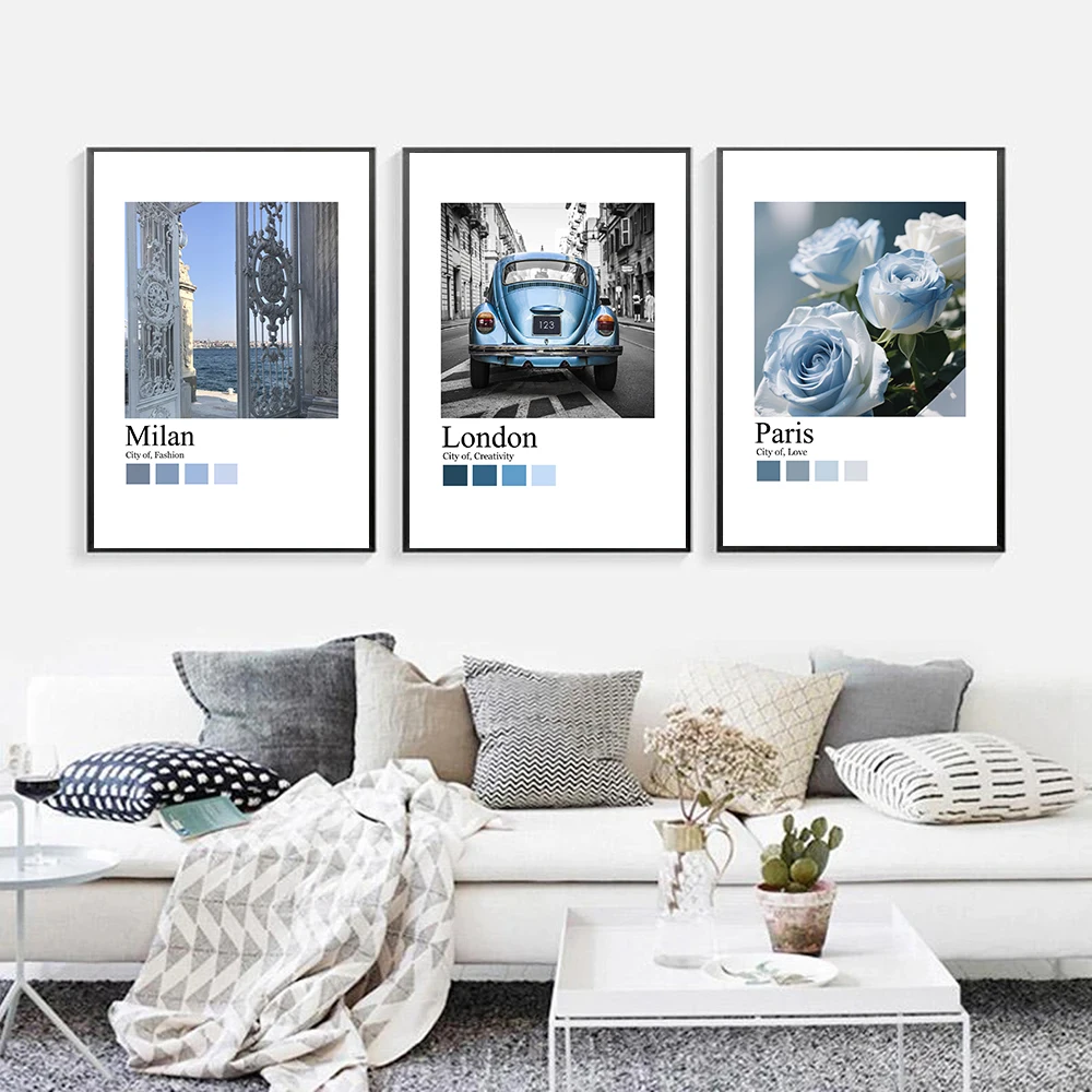 

Blue Fashion City Poster, Classy Vintage Luxury Minimalist Wall Art, Car Flower Sea Picture, Living Room Home Decor Canvas Print