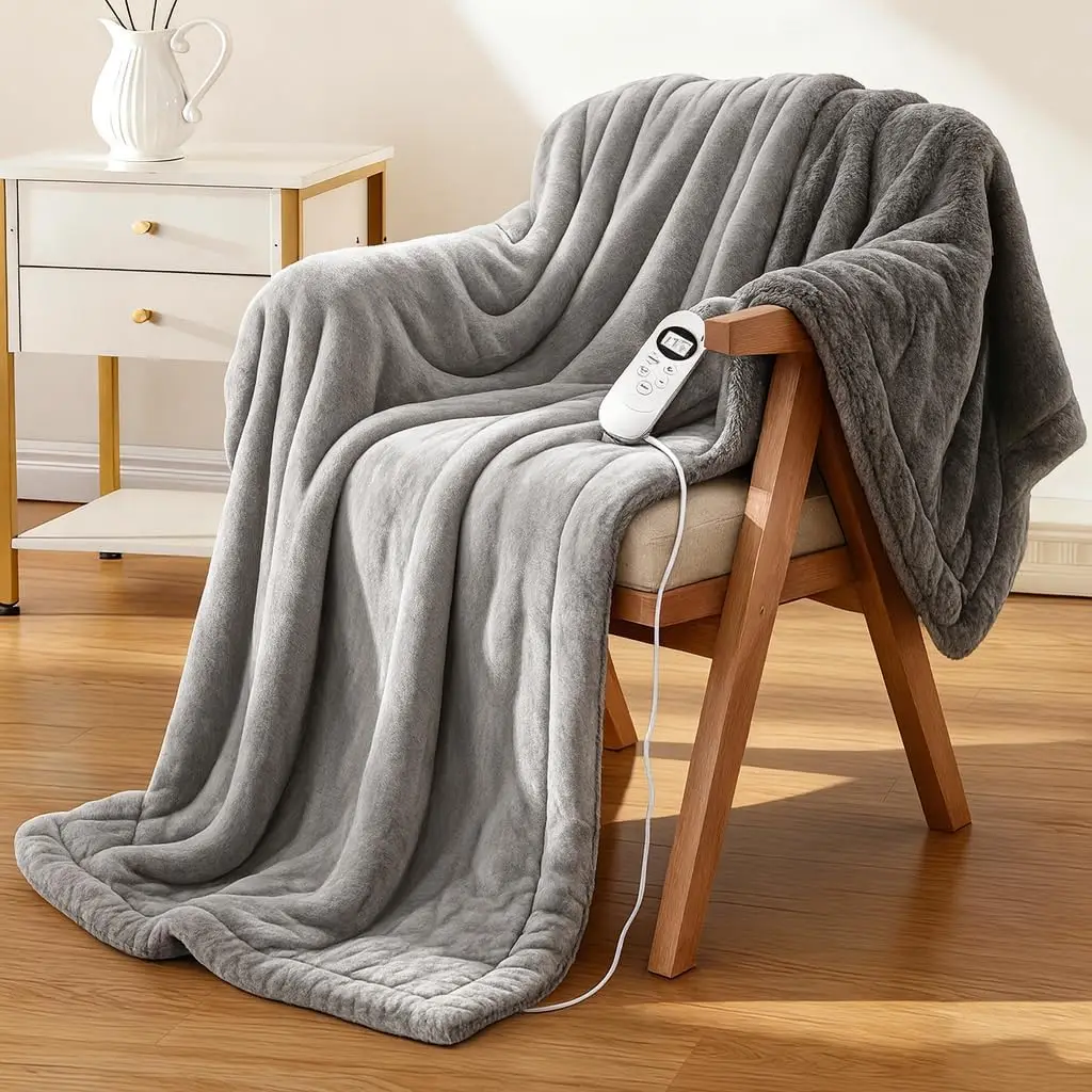 

Electric Heated Blanket Throw 50x60 Inches, Soft Flannel, 12 Heat Settings, Timer, Washable - Gray