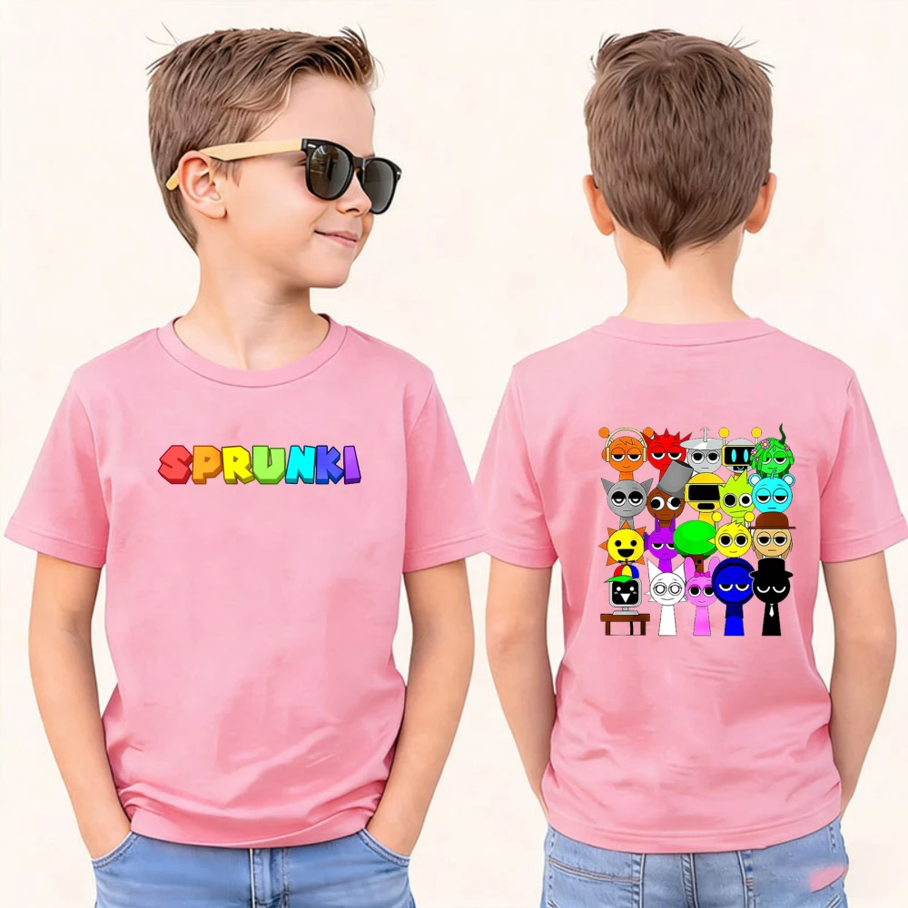 Sprunki Incredibox Alle Charaktere, doppelseitiger Druck, Kinder-T-Shirt, Jungen- und Mädchen-Cartoon-Spiel-Grafik-T-Shirts, Baumwolle, kurzärmelige Oberteile