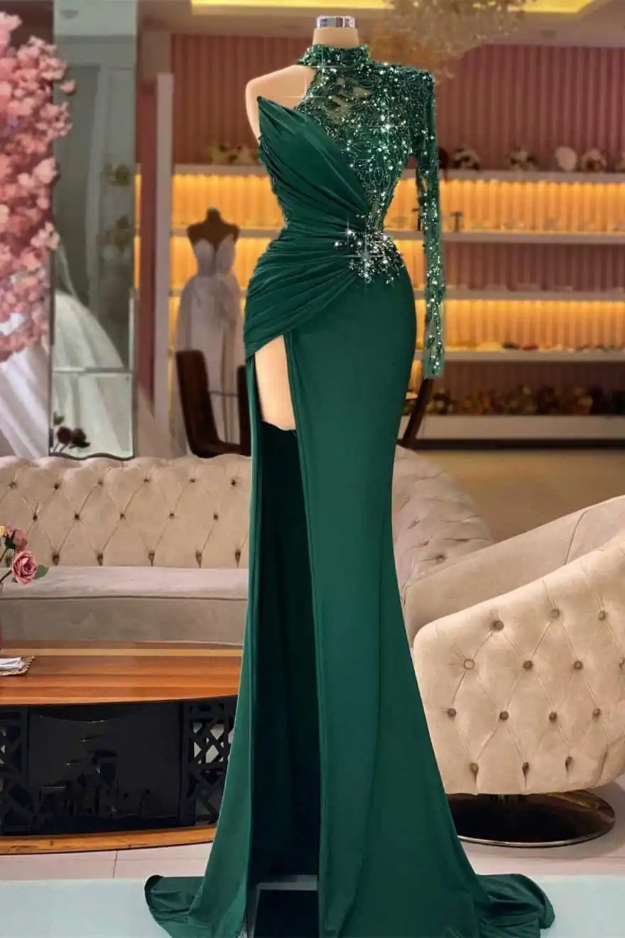 Elegant One‑Long‑Sleeve Mermaid Evening Dress Sequin Lace Ruched Waist High‑Split For Red Carpet Formal Banquet Customizd