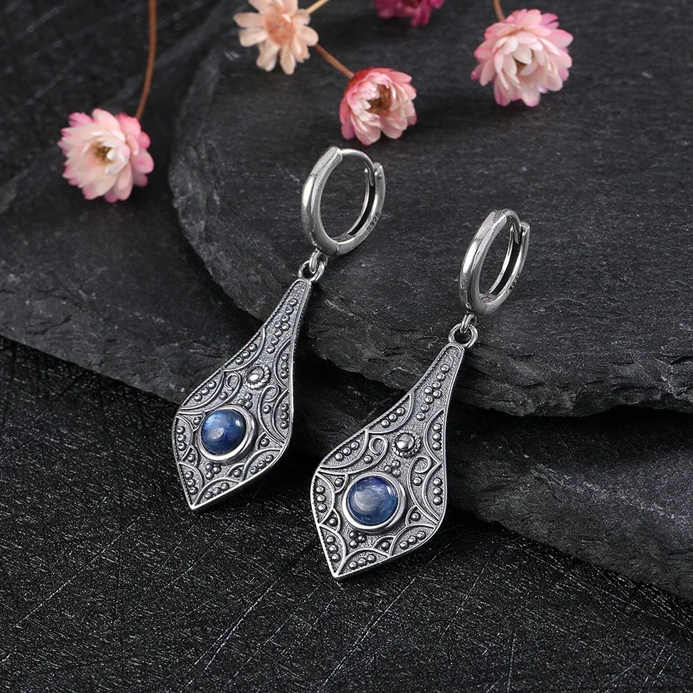 925 Silver Vintage Earrings Blue Sandstone Women\'s Earrings Elegant Party Jewelry Accessories Drop Fashion Earrings