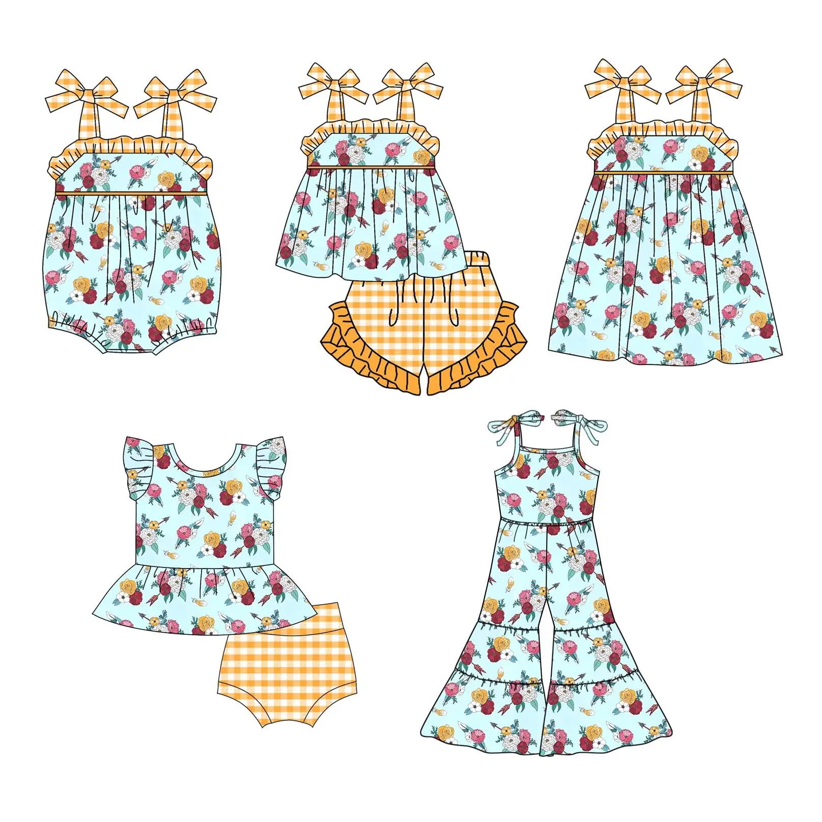 

New Girls Series Boutique Children's Sets Suspenders Bow Floral Print Shorts Lace Girls Sets Baby Onesies Dress Clothing