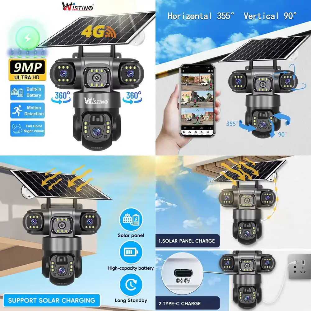 

9MP Triple Lens Farm CCTV Camera for V380 Pro Solar Powered Color Night Vision Red Alarm Auto Tracking Security