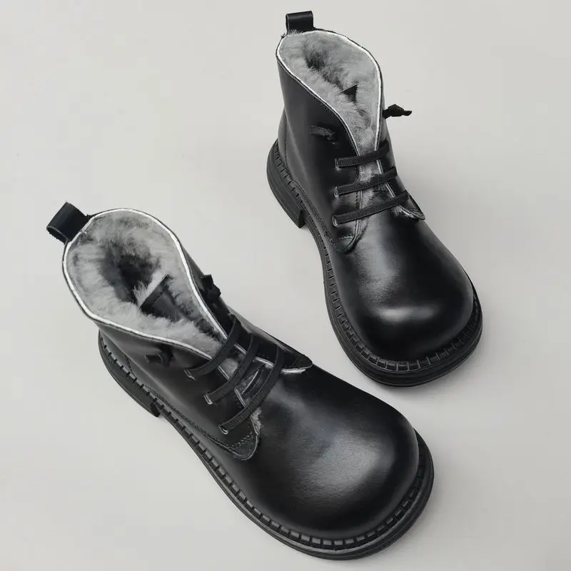 

Sheepskin fur women's short boots genuine leather natural wool wide toe non-slip snow high-top big noses cotton shoes winter