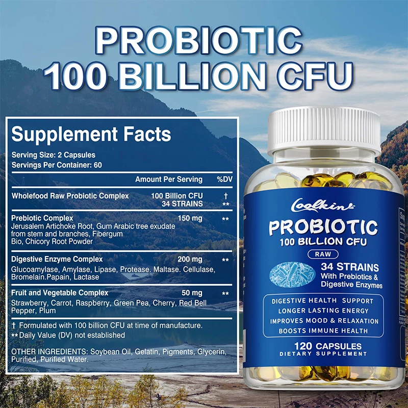 البروبيوتيك - 100 مليار CFU - يقلل من الانتفاخ والإمساك ويحسن صحة الهضم والأمعاء ويعزز المناعة