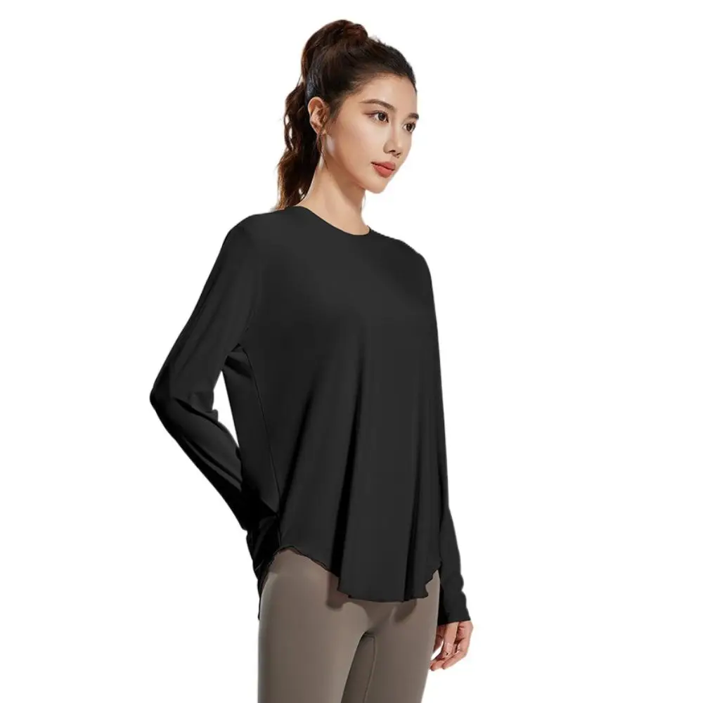 Lightweight Ice Silk Yoga Shirt O-neck Long Sleeve Sportswear Breathable Loose Pilates Fitness Cover Up