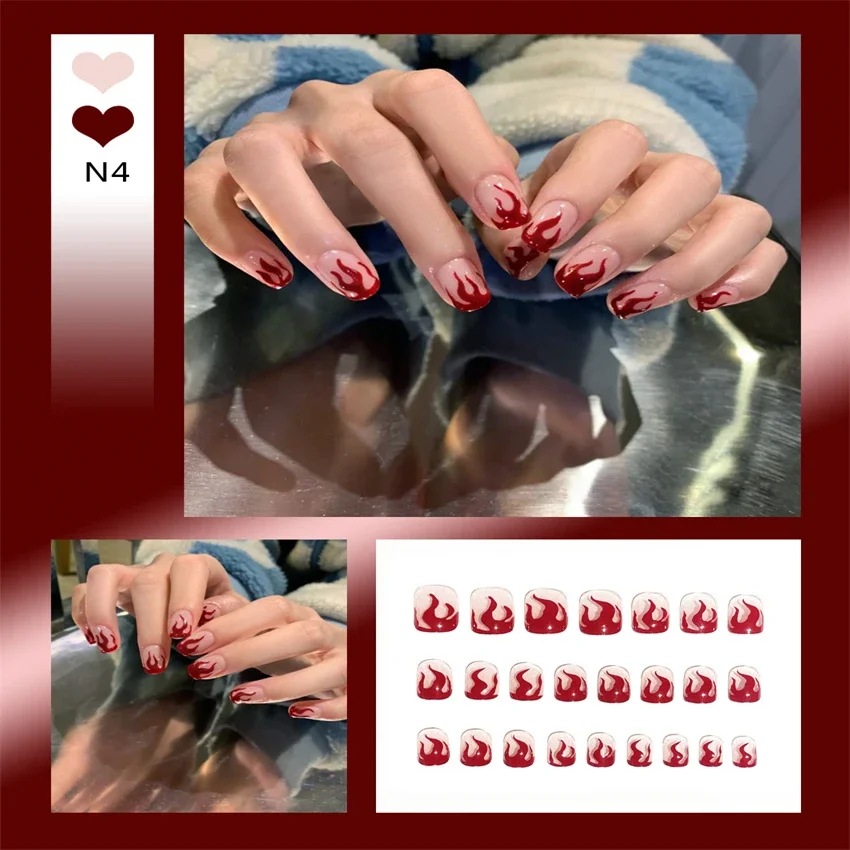 24Pcs/Set Cute Strawberry Wearing False Nails Removable Handmade Artificial Fake Nails French Stick Acrylic Press on Nail Tips