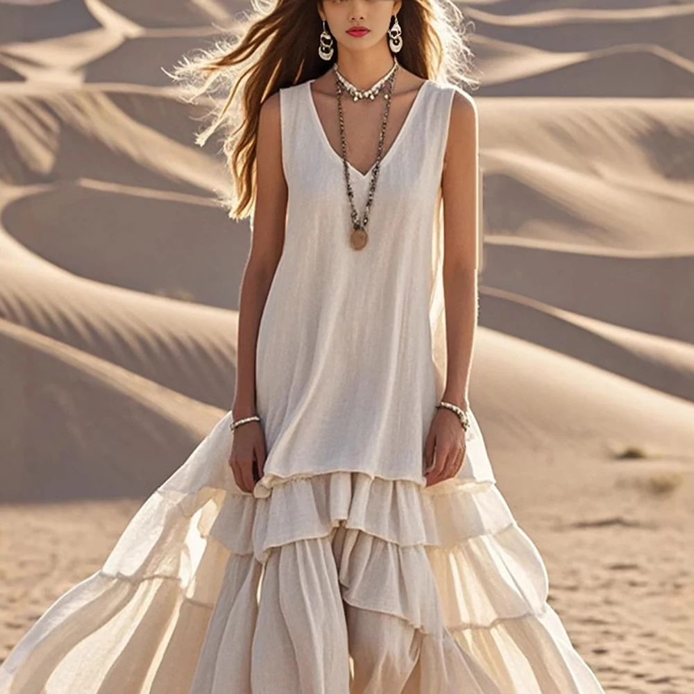 

Plus Size Vintage Solid Women's Dress Sleeveless V-Neck Loose Linen Maxi Dress A-Line Big Hem Casual Vacation Sweet Long Dresses
