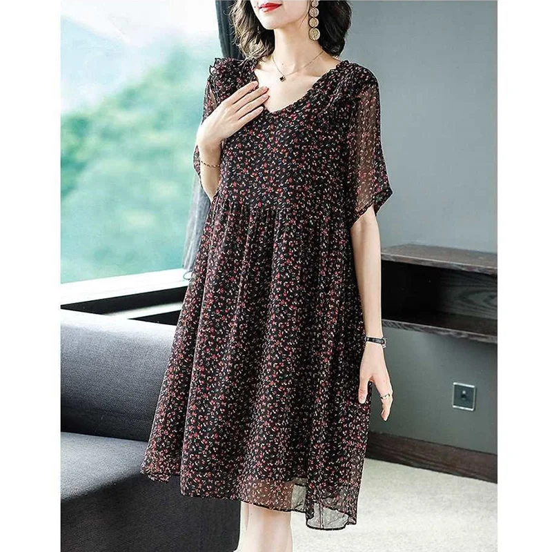 

Vintage Printed V-Neck Spliced Loose Ruffles Floral Dress Women's Clothing 2023 Summer New Oversized Office Lady Mini Dress