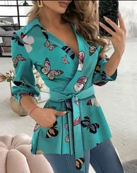 Spring Autumn Printed Work Shirt Tops Women Casual V Neck Long Sleeve Party Club Business Blouse Top with Belt