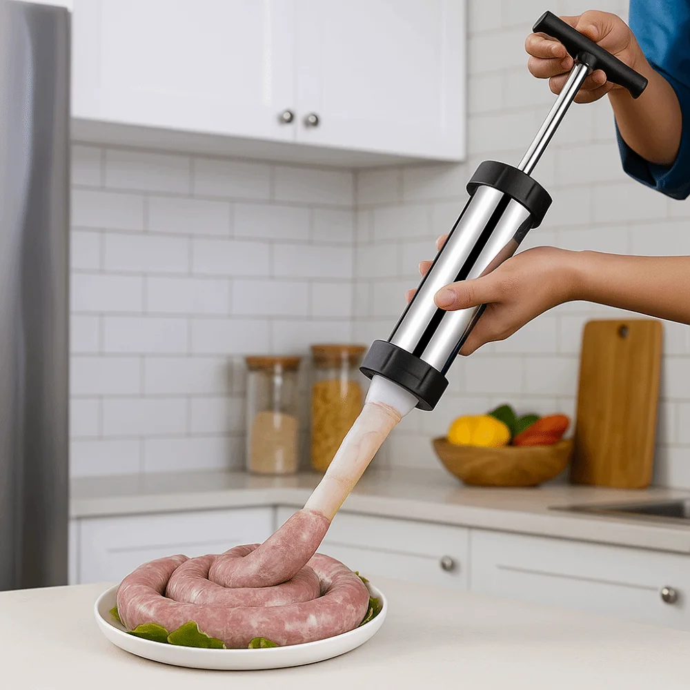 

Manaul Sausage Maker Widened Tube Large Capacity Sausage Filler Stainless Steel with 4 Size Filling Nozzle Sausage Stuffer