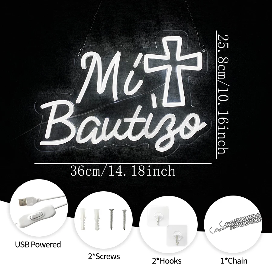 Mi Bautizo Led Neon Sign Baptism Decor Gift, Cross Icon Is Used For Christian Easter Wall Lamp In Bedroom Bathroom Living Room.
