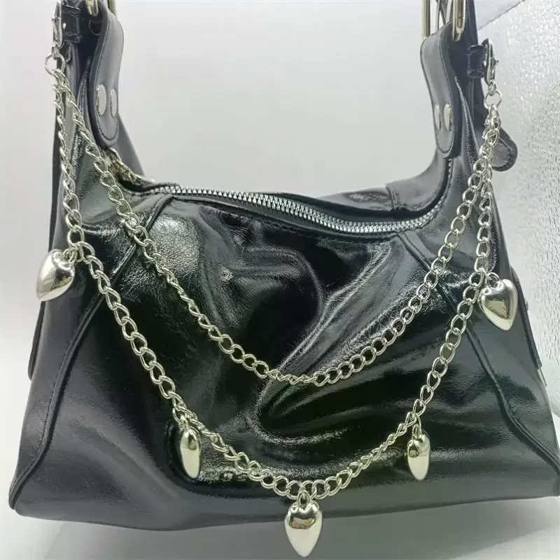 Women's Black Glossy Faux Leather Shoulder Bag Silver Heart Chain Large Capacity for Weekend Outing Travel