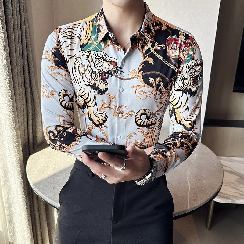 M-6XL Luxury Boutique Fashion Peacock Print Mens Slim Casual Long-sleeved Shirt Personality Design Male Social Leisure Shirts