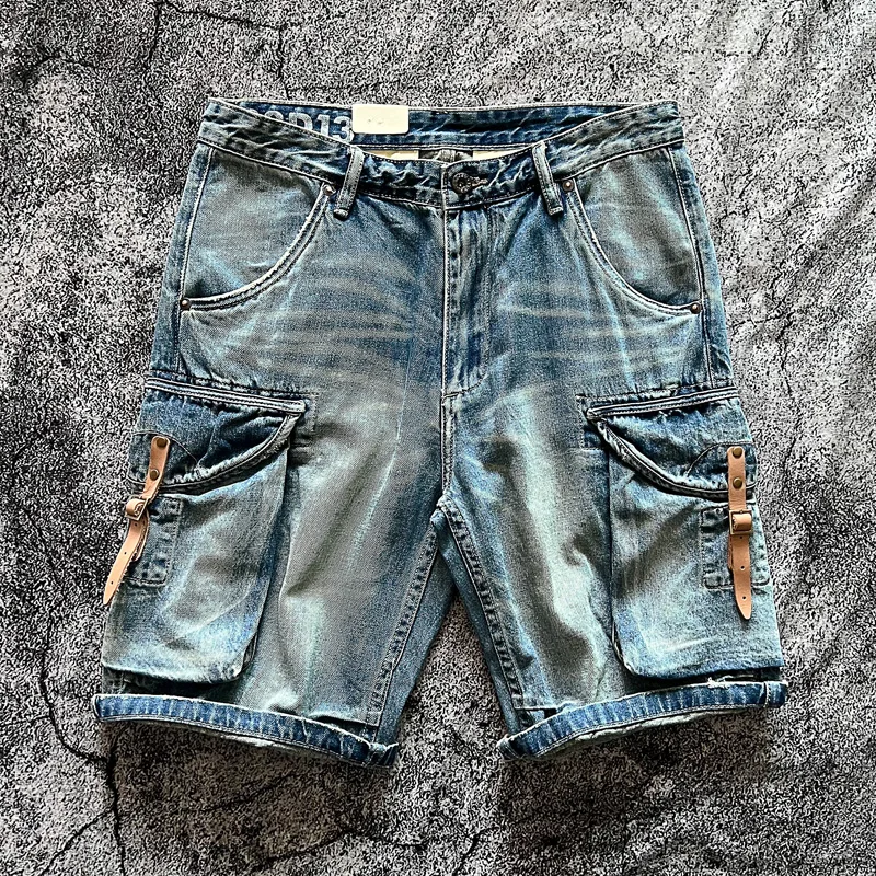 

Hardworking Man Workwear Leather Decorated Washed Loose Jeans Shorts Summer Casual Youth Men's Trendy Five-Quarter Pockets