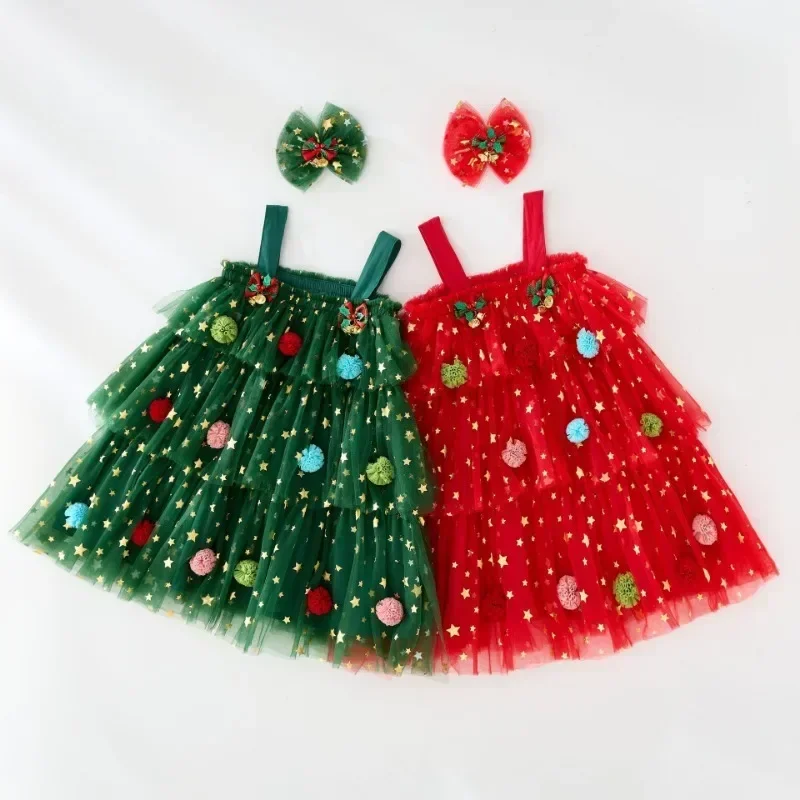 New Christmas Children's Holiday Dress Stars Moon Princess Cake Dresses Mesh Fluffy Suspender Dress Christmas Hairpin 1-6Y