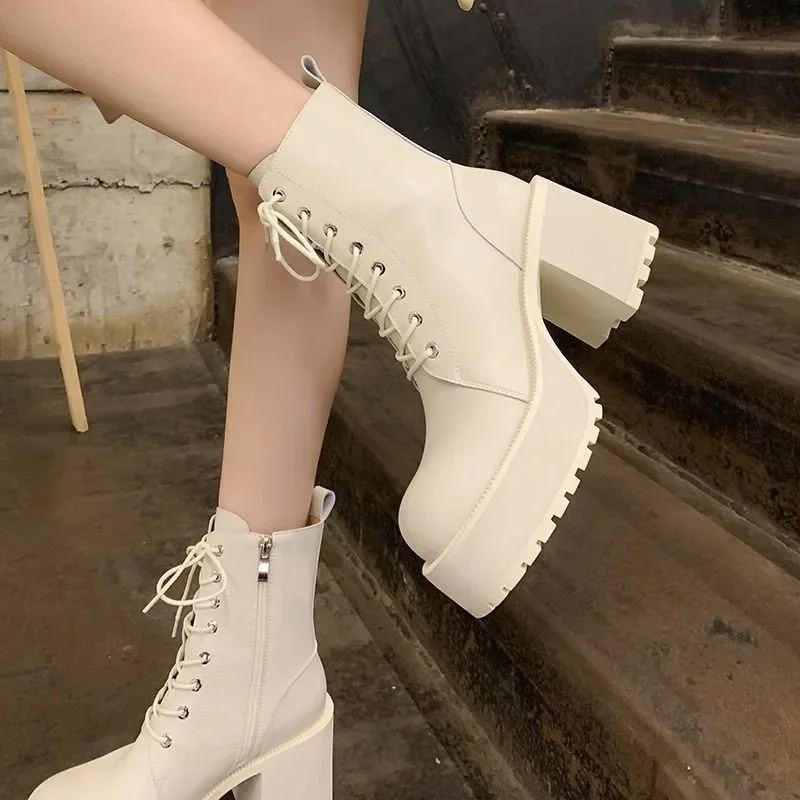 Thick Bottom Platform Shoes Fall Winter 2023 Block High Heels Leather Short Ankle Boots for Women Black Beige Motorcycle Botines