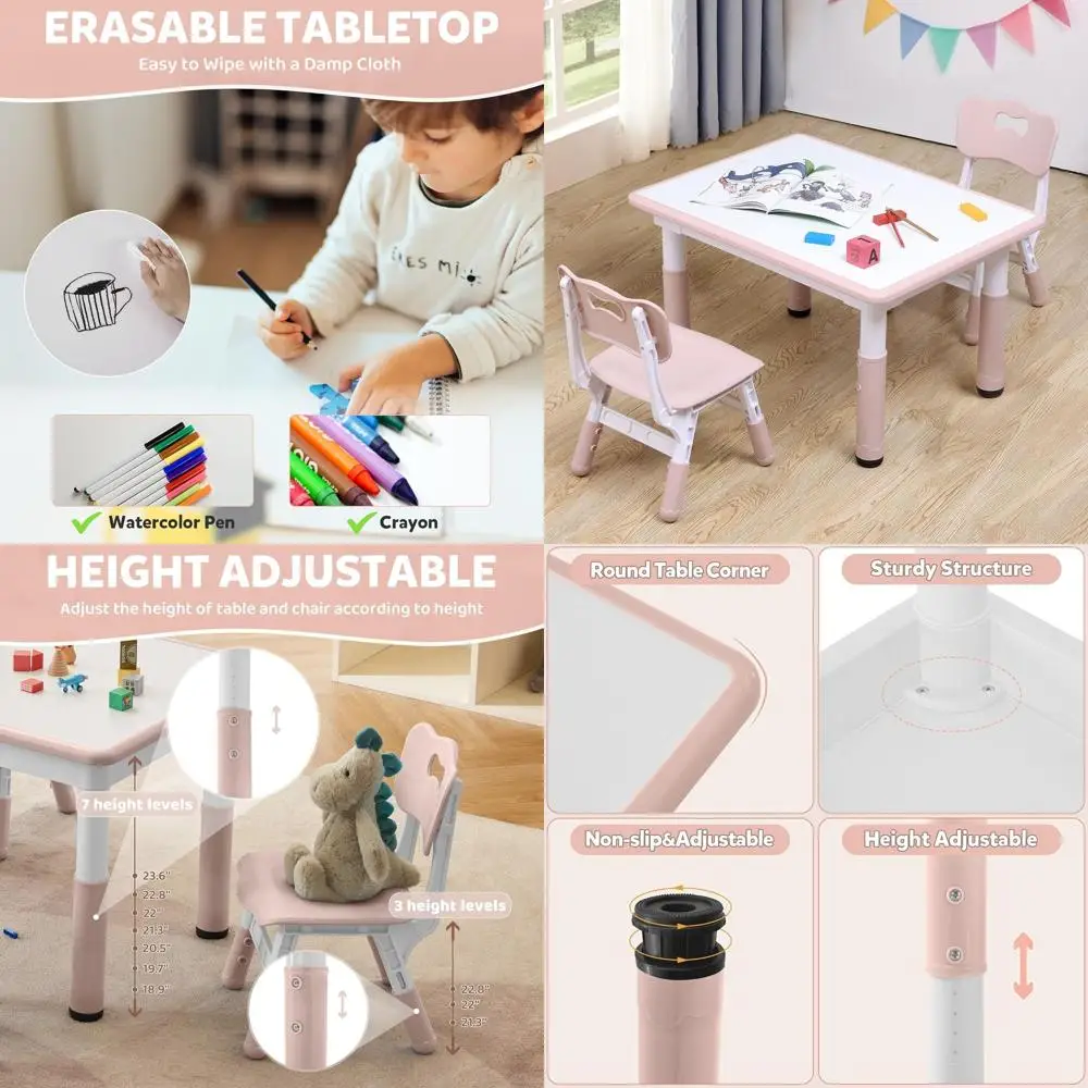 

Pink Kids Table and 2 Chairs Set, Adjustable for Ages 3-8, 31.5x23.6, ASTM/CPSC Certified, Perfect for Daycare, Homeschool, Play