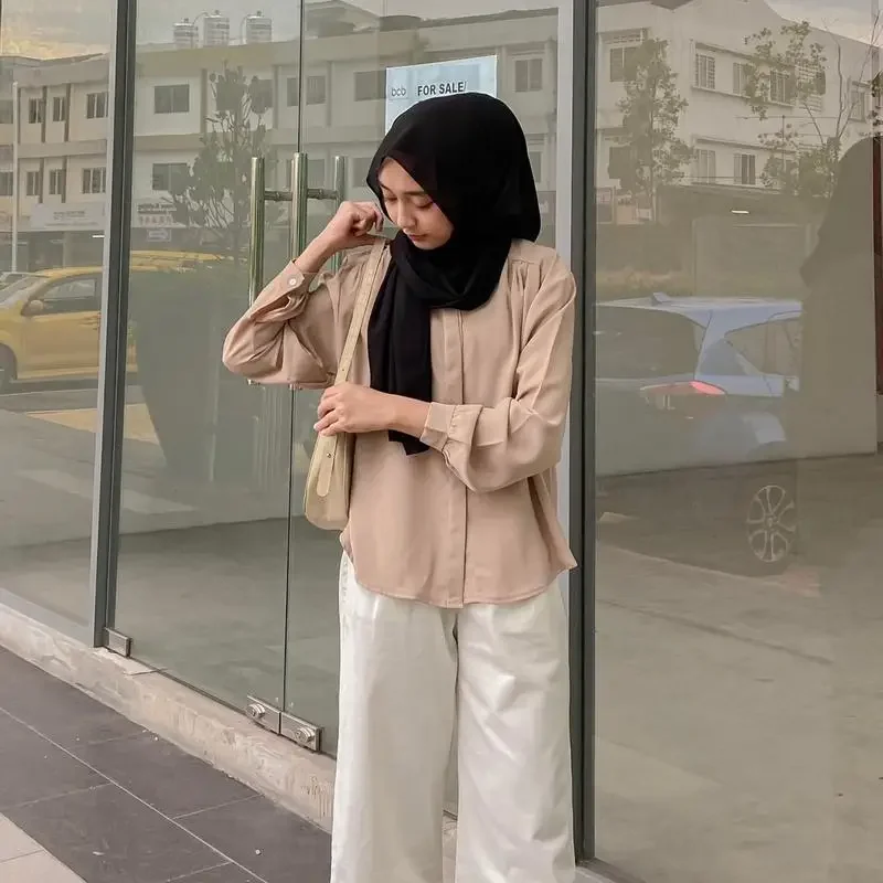 Women Eid Muslim Tops Full Length Stand Collar Blouses Button Cardigan Casual Drape Dubai Loose Malaysian Folds Solid Retro