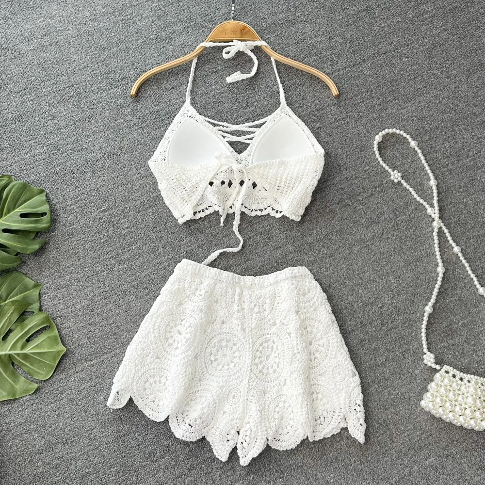 Beach Vaion Hot Spring Knitted Swimsuit Set Women's Sexy Hollow out Ne Hanging Vest Two Piece High Waist Wide Leg orts