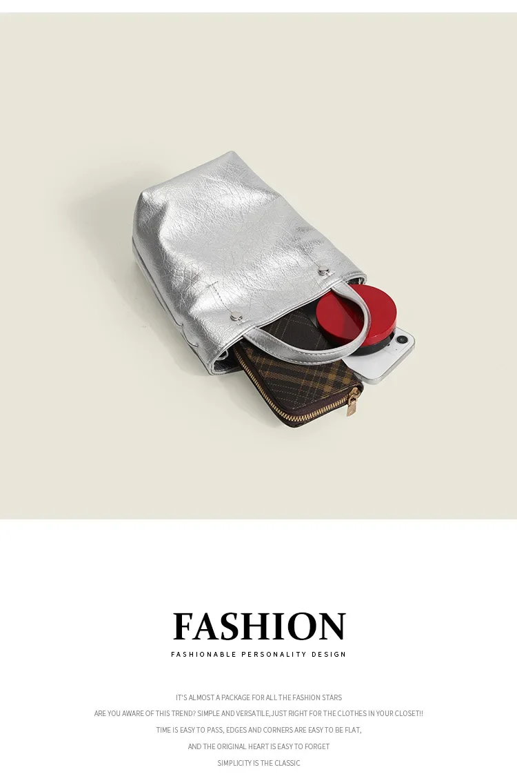Korean silver oil wax leather mini tote bag summer new niche premium bucket shoulder crossbody bag tide bags for women handbags
