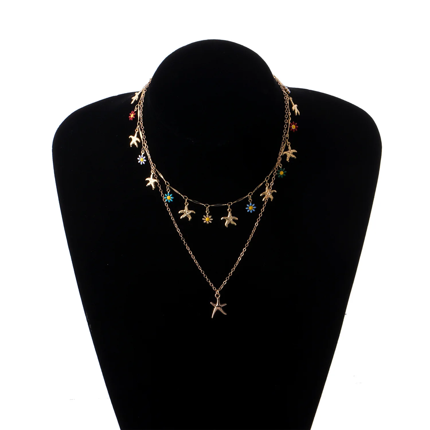 Premium Alloy Starfish Pendant Necklace Women Hawaiian Enamel Flower Collarbone Jewelry Casual Standard Length Gold