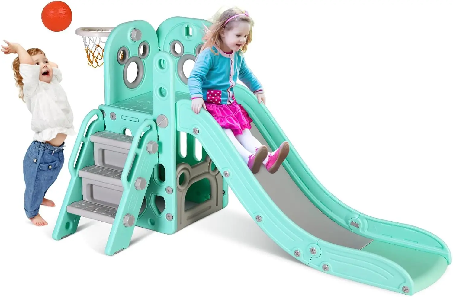 

Kids Slide L-Shaped, 5 in 1 Slide Climber for Toddler, with Ball & Hoop, Storage Space and Non-Slip Steps, Indoor Outdoor Baby P