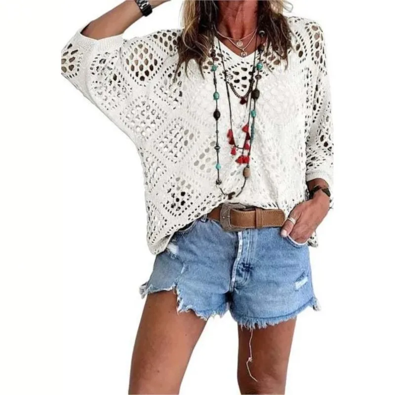 2026 Women Sweater Top Spring Summer Fashion V-neck Rhombus Hollow Bat Sleeves Loose Sweater Blouse Knitted Women's Clothing