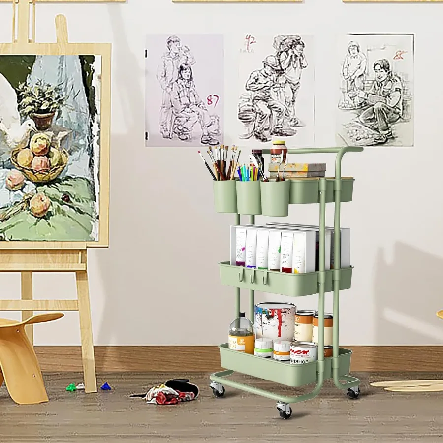 3 الطبقة عربة متحركة مع مقبض معدني سطح الطاولة أكواب معلقة السنانير سلات تخزين بلاستيكية عجلات قابلة للقفل عربة المرافق للخفافيش