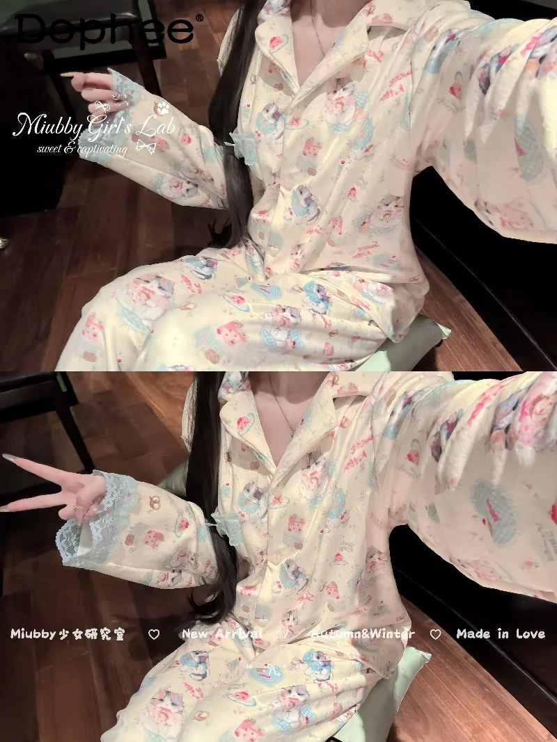 

Japanese Style Original Ins Cartoon Sweet Cute Long Sleeve Pajamas Lace Warm Casual Wearable Homewear Set for Women