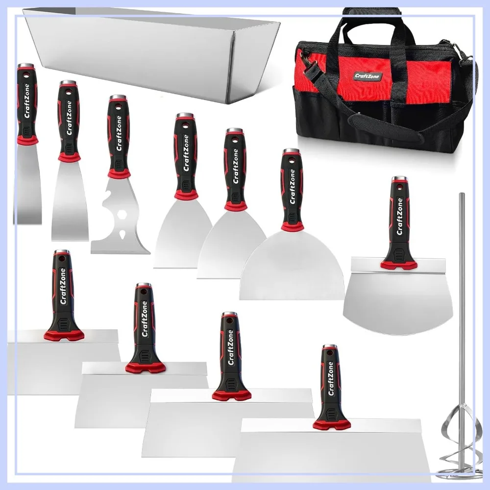 

14Pcs Drywall Knife Set with Mud Pan & Tool Bag, Putty Knives, Taping Knives, Scraper, Mixer for Plastering