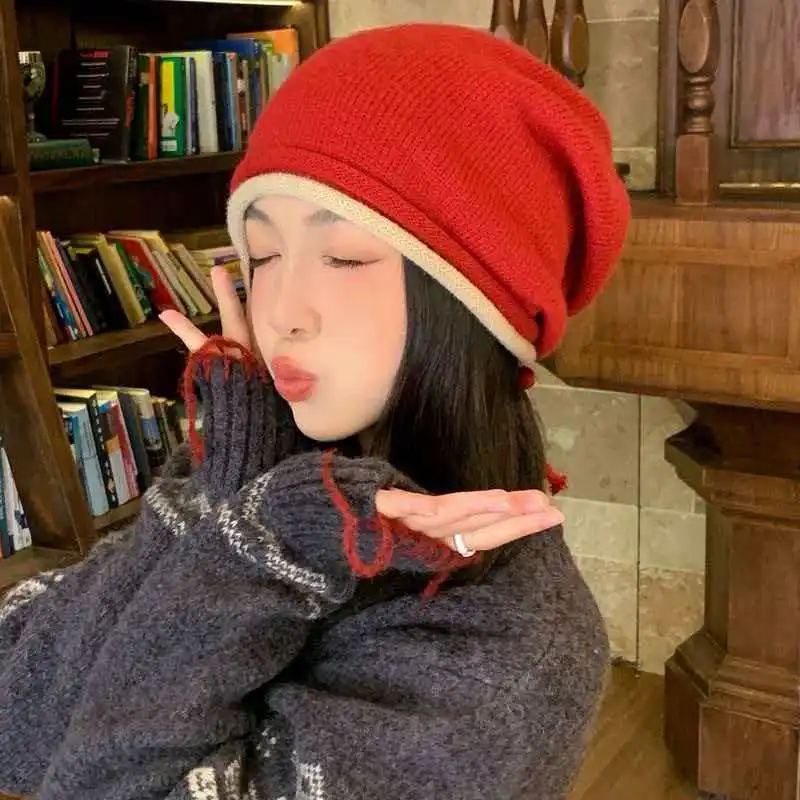 High Quality 100% Cashmere Knitted Hat Women Winter Warm Ear Protection Hat Fashion Rolled Edge Toe Cap Solid Color Cashmere Hat
